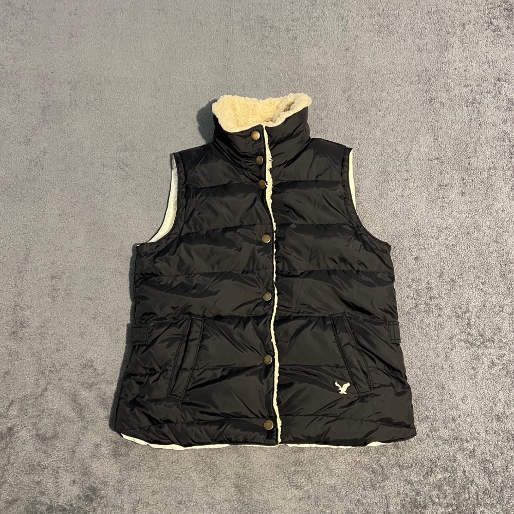 Y2K American Eagle Womens Black Puffer Vest Down Filled Faux Lined Size Medium